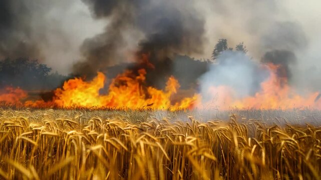 Golden wheat field engulfed in flames and smoke under a hazy sky