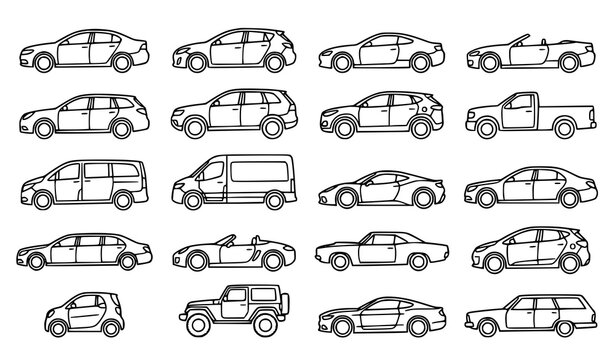 Minimalist Car Body Type Outline Vector Collection with Sedan SUV Coupe and Pickup