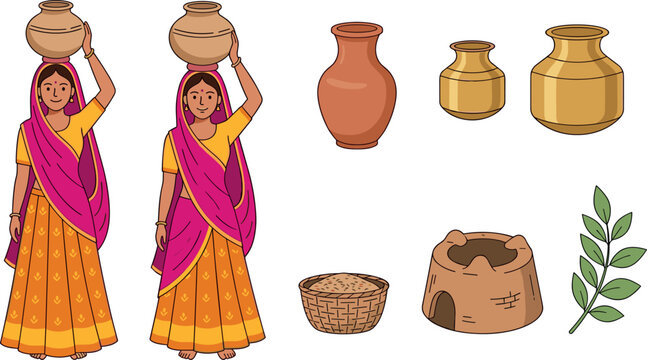 Traditional Indian Rural Life Vector Element Set with Village Women Carrying Clay Water Pots, Brass Vessels, Chulha Mud Stove, and Grain Basket