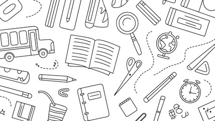 Seamless pattern of school and education doodle icons featuring stationery, books, and learning tools in black and white outline style © Art by Chandon