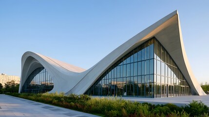 Fototapeta premium A modern architectural structure featuring curved white concrete and large glass panels under a clear blue sky