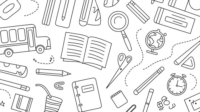 Seamless pattern of school and education doodle icons featuring stationery, books, and learning tools in black and white outline style
