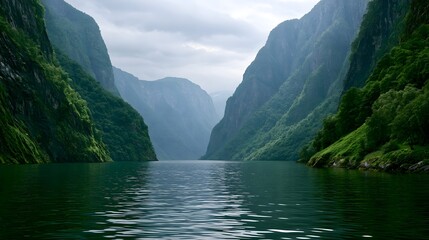 Fototapeta premium A serene fjord flanked by towering green cliffs under a cloudy sky reflecting calm waters below