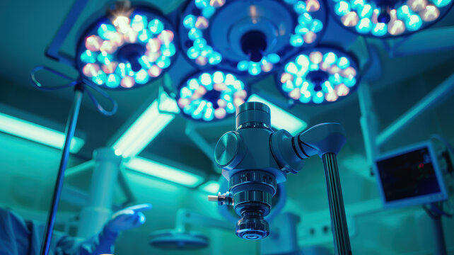 Robotic surgical arm in a modern operating room, surrounded by bright surgical lights and medical displays, representing advanced technology and precision in healthcare and surgery