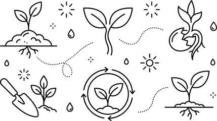 Plant growth and gardening line art vector icons set featuring seedling sprout roots soil trowel shovel and lifecycle © vector design 