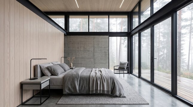 Modern Bedroom with Forest View and Natural Light