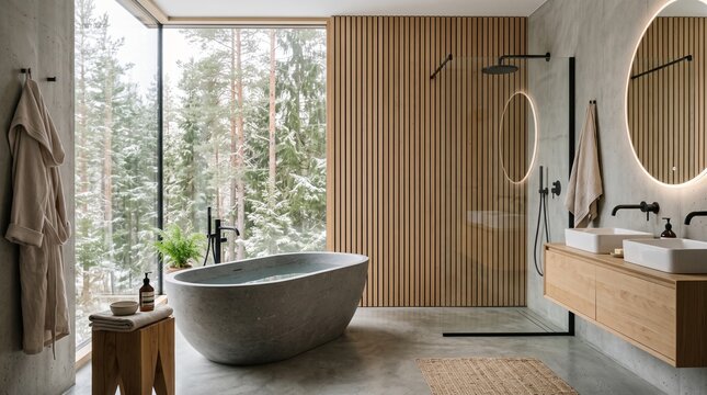 Modern Luxury Bathroom with Stone Bathtub and Forest View