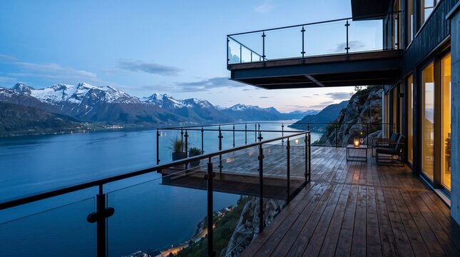 Luxury Alpine Lake House Terrace at Dusk