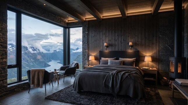 Luxury Mountain Bedroom with Alpine Lake View at Dusk