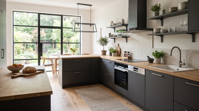Modern Black Kitchen with Wood Countertops and Open Shelving