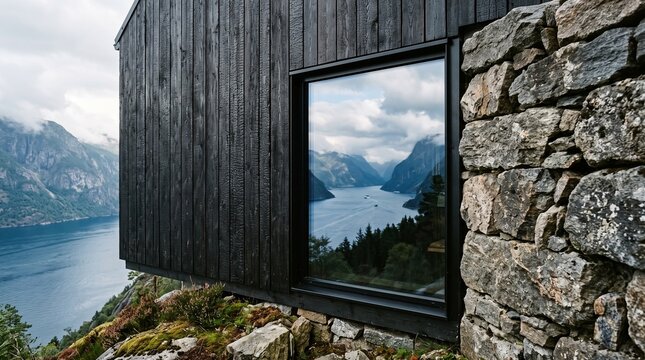 Modern Black Cabin Window Framing Alpine Lake Mountain Valley
