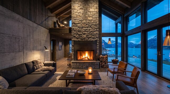 Luxury Modern Home Interior with Fireplace and Lake View at Dusk