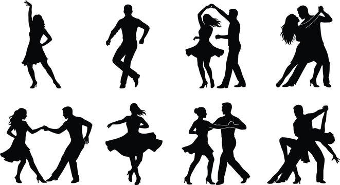 Latin and ballroom social dancers silhouette vector icons set for salsa bachata and tango performance designs
