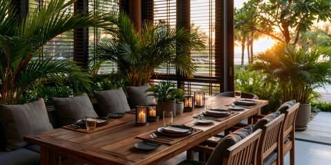Fototapeta premium Outdoor dining table set for sunset dinner