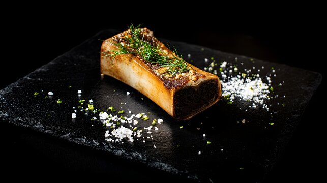 Grilled beef bone marrow with herbs on black slate plate.