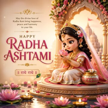 Happy radha ashtami greeting card with cute cartoon radha and lotus flowers festival hinduism devotion spirituality religious illustration
