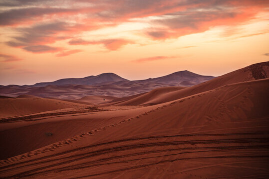 Rolling sand dunes shine under soft twilight light in the desert landscape of Morocco, offering a breathtaking view of nature's beauty