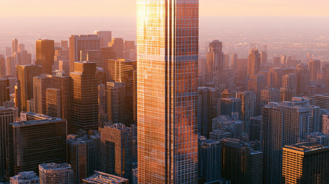 Towering glass skyscraper reflecting golden hour sunset surrounded by other high-rise buildings in a dense metropolitan city, photorealistic, hyperdetailed