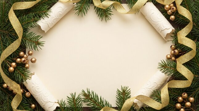 Elegant Christmas background with golden ribbon, scroll paper, and pine branches.