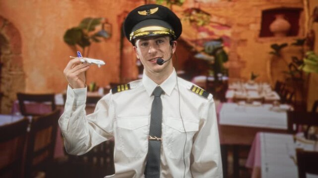 Man pilot in uniform holds toy airplane near his face with headset microphone in a restaurant; playful charm.