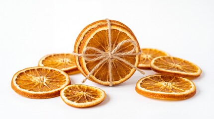 Fototapeta premium Stack of dried orange slices tied with rustic twine string
