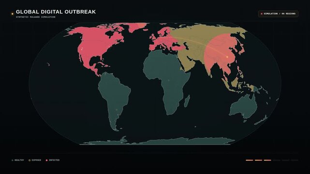 Global malware outbreak simulation map spreading across the world continents
