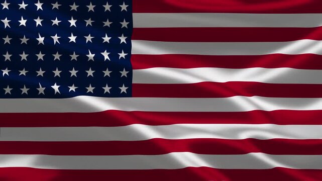 Realistic 3D animation of the United States flag waving smoothly in the wind featuring red and white stripes and white stars on a blue background for patriotic concepts
