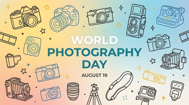 World Photography Day illustration. Camera icons celebrate August 19th event:'