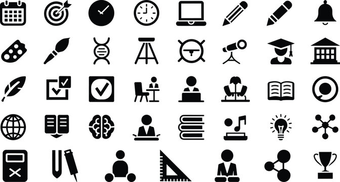 Universal education and business icon set featuring school, office, science, technology, creativity and management symbols black glyph icons