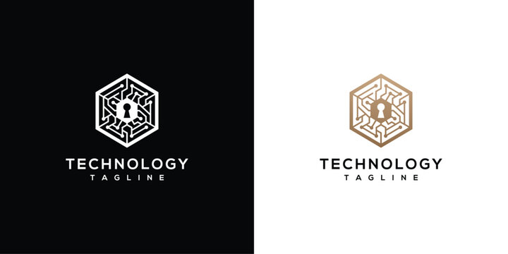 Hexagonal Technology Logo with Keyhole and Circuit Pattern