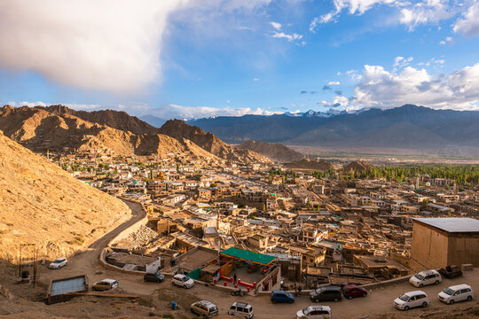 View of Leh town in Ladakh India with mountains in the background during evening light