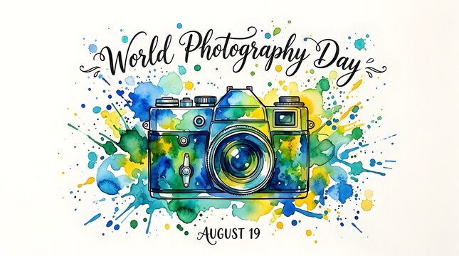 World Photography Day vintage camera celebration. Retro DSLR with colorful paint splash for creative photo events.