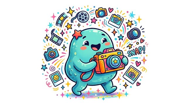 Smiling blue dinosaur holding camera. Cartoon character with photography equipment.