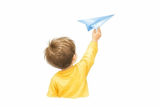 Inspiring Optimism: Child releasing a paper airplane into a bright open sky 