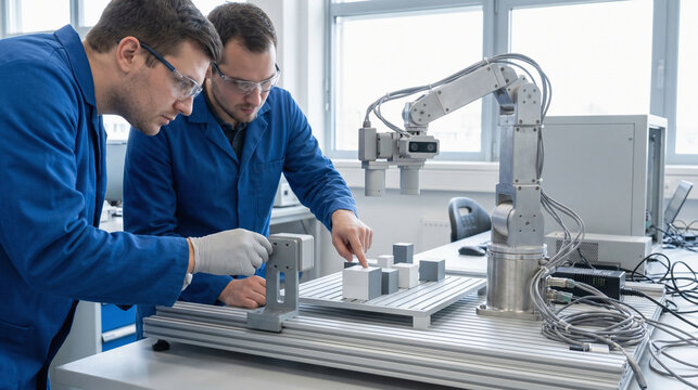 Scientists tuning machine vision inspection rig in bright automation lab