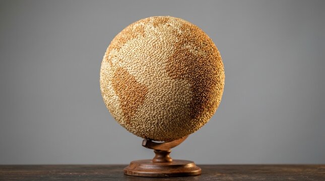 Globe map made of organic sesame seeds isolated on grey background