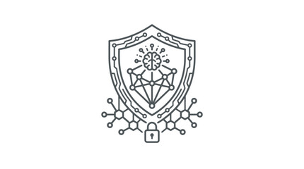 Obraz premium Industrial Style Digital Shield with Neural Network and Lock Symbol in Monochromatic Line Art with high quality professional line art symbols for modern creative design and digital branding projects