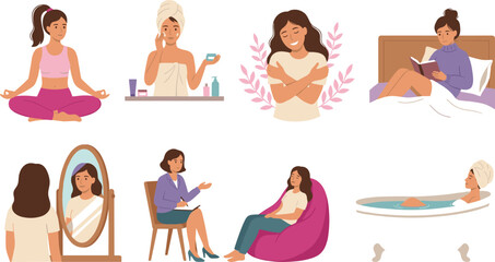 Fototapeta premium Women Self Care Routine and Mental Wellness Vector Character Set with Meditation, Skincare, Reflection, Therapy, Reading, and Relaxation Actions