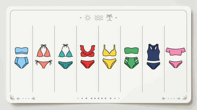 A vibrant illustration showcases various swimsuit styles on a clean white background for Two-piece_bikini_swimsuit_icon_3.ai