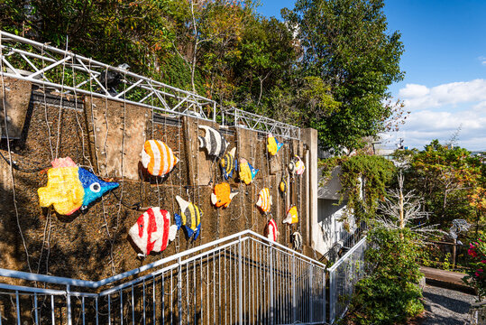 Colorful fish sculptures create an art display on a pathway wall at Tenjin Central Park in Fukuoka, Japan under bright skies and shaded trees