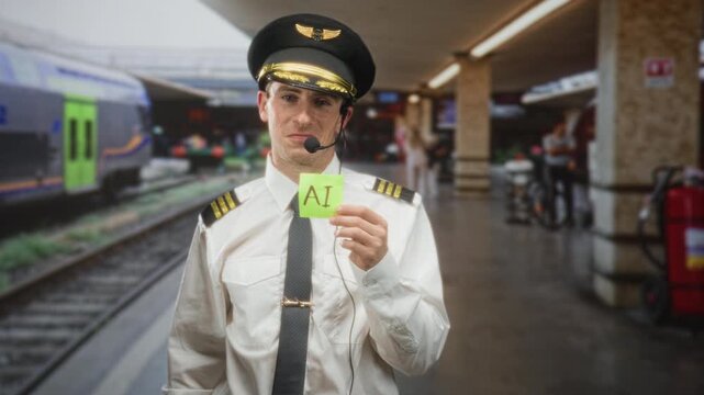 Man pilot holds green note labeled ai while wearing headset and salute like gesture on train platform inside a station building; playful tech irony.