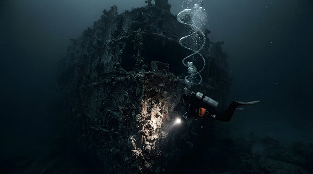 Scuba diver with flashlight exploring deep sea shipwreck