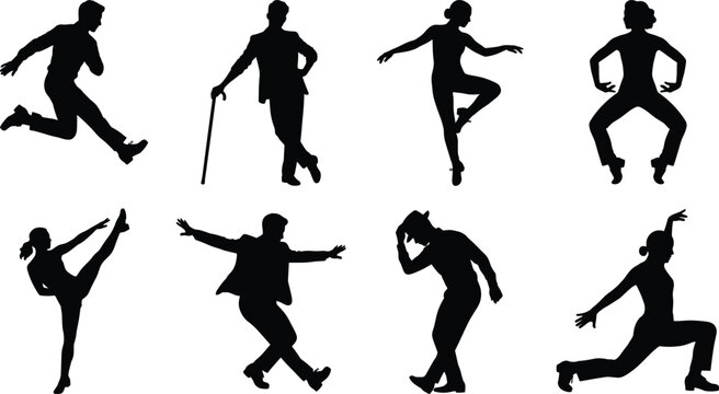 Tap dancers and jazz dance performers silhouette vector icons set for theatrical stage show designs