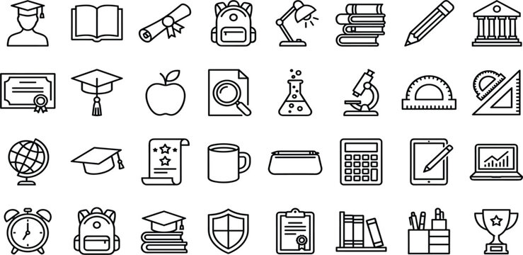 Education and School Line Icon Set with University Graduation, Learning Books, Classroom Supplies, Science Laboratory Equipment, and Academic Outline Vector Symbols.