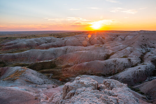 Sunset view highlighting the rock layers and colors at Panorama Point in Badlands National Park South Dakota