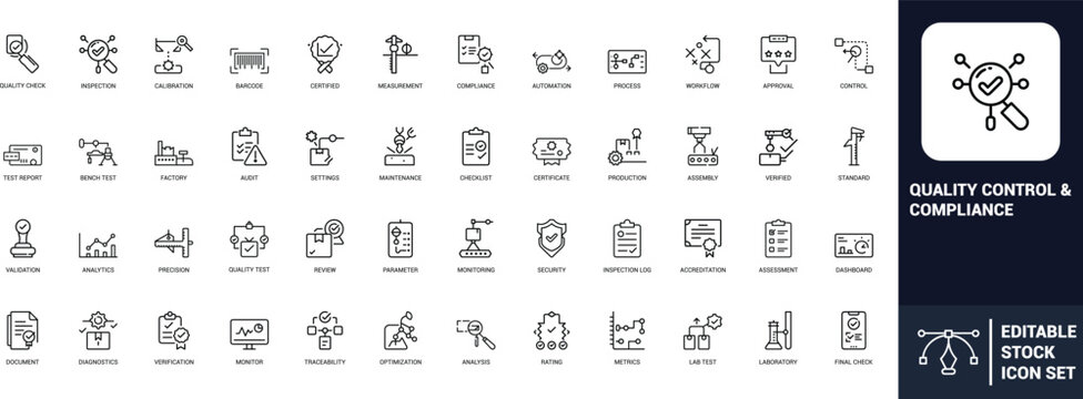 Quality control compliance line art icons set inspection, calibration, certified, measurement, audit, checklist, verification, testing, approval, Web icon, App icon, Outline icon, Editable stroke, lin