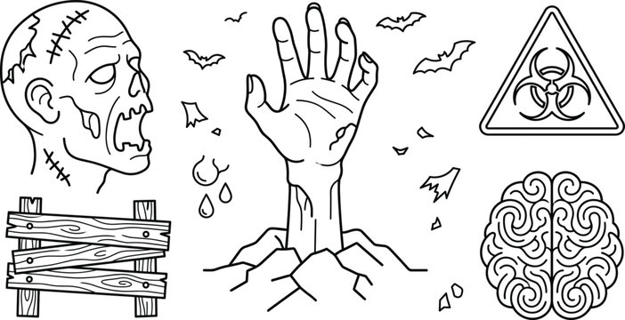 Zombie apocalypse and Halloween line art vector icons set featuring undead head rising hand brain biohazard and bats