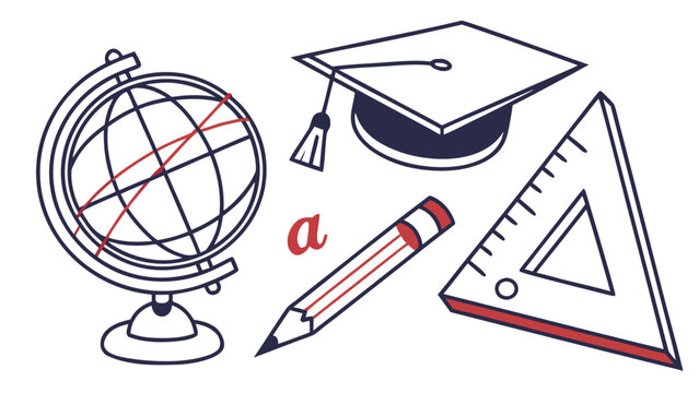 Education school icons with globe graduation cap pencil ruler and learning supplies isolated on white background