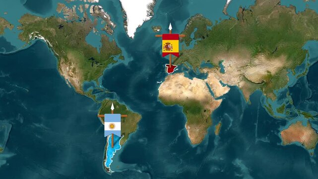 Argentina and Spain flags superimposed on world map animation motion footage
