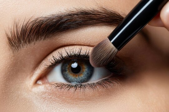 Eyebrow eye eyelash makeup brush cosmetic pencil eyeliner smudged closeup blue iris pupil skin beauty face female woman makeup application makeup brush eye shadow kohl liner mascara brow eyebrow